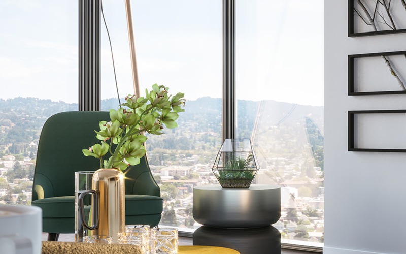 hard wood floors and expansive windows in living room